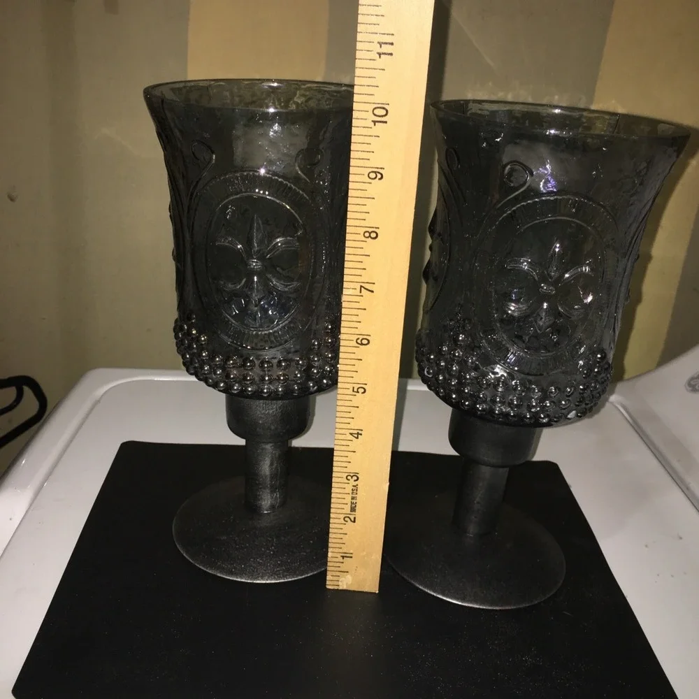 Vtg  Fleur De Lis Metal and Smokey Blue Iridescent Glass GothicCandle Holders